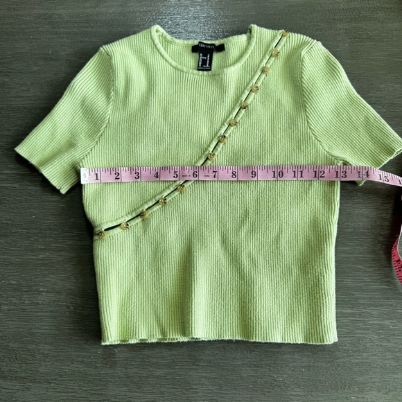 Knit Ribbed Short Sleeve Green Button Cut Out Sweater M - Picture 8 of 10